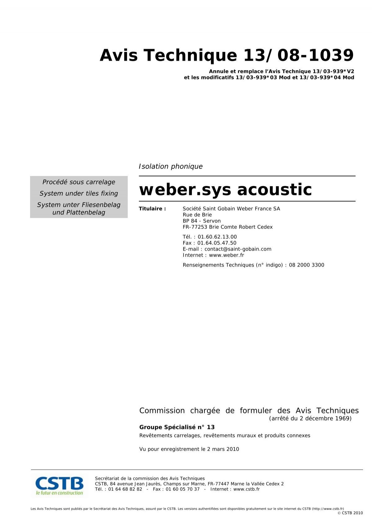 Avis Technique 13/08-1039 weber.sys acoustic - untec