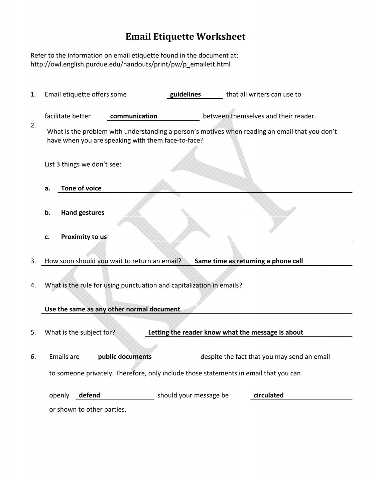 Email Etiquette Worksheet Key pdf