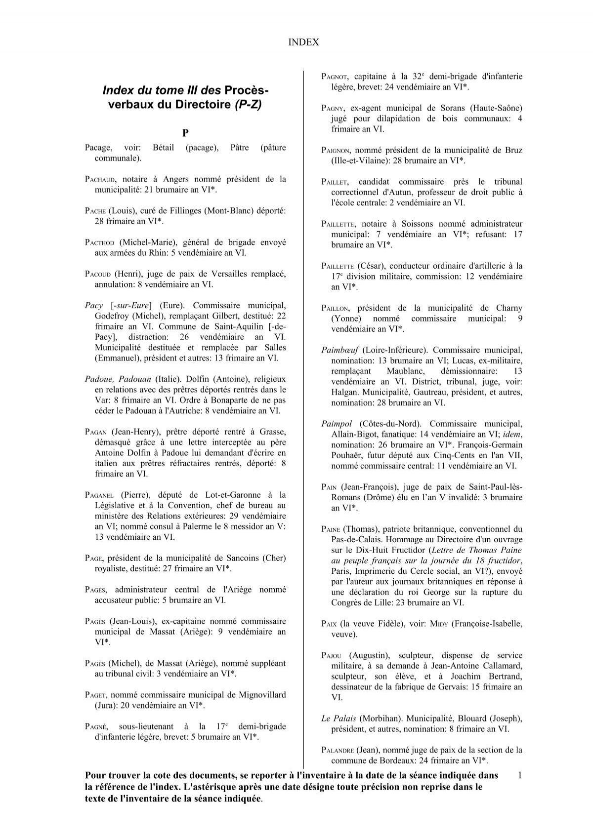 PV du Directoire, index, Q-Z - Archives nationales