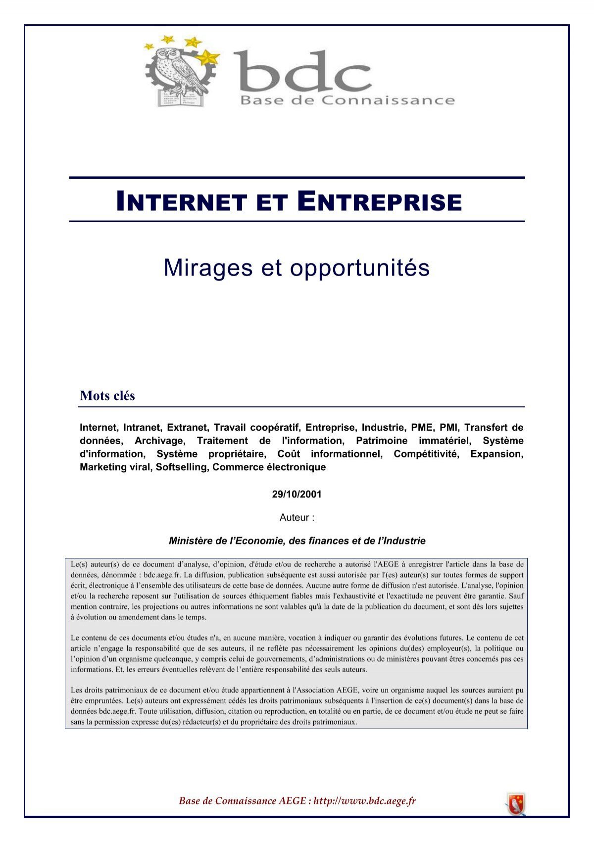 Internet et Entreprise : Mirages et opportunitÃ©s - Base de