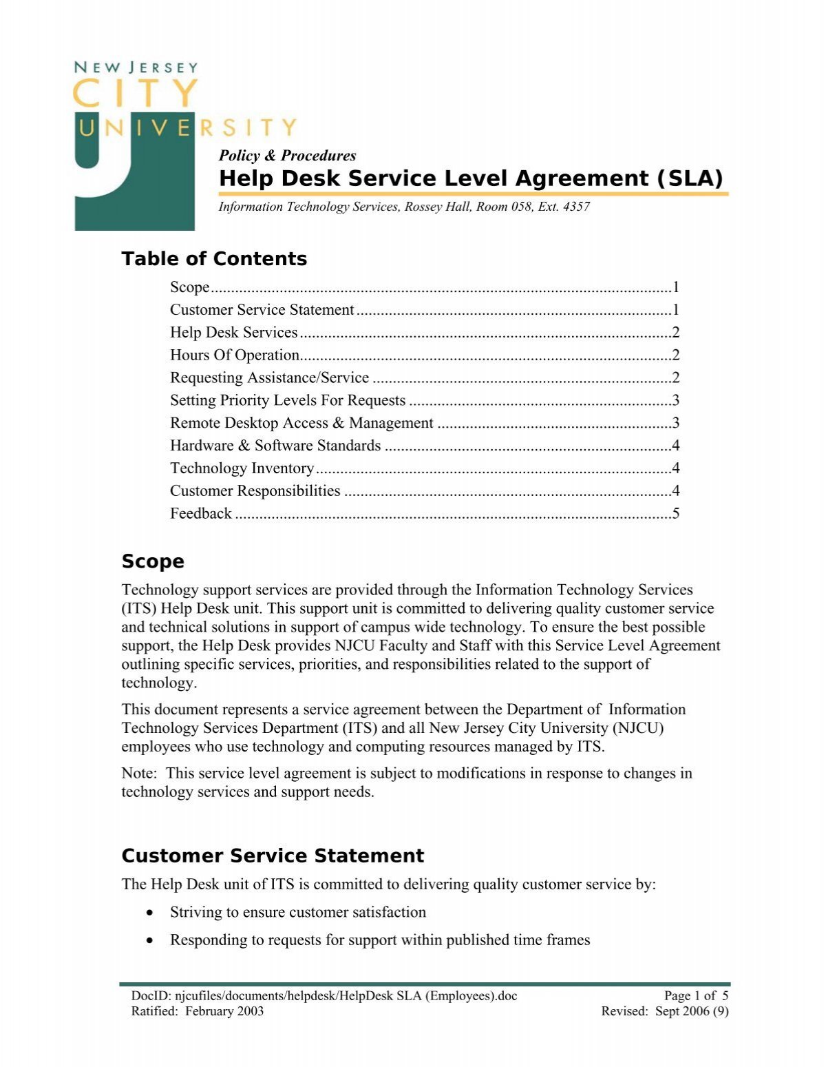 Sla Help Desk Service Level Agreement New Jersey City University