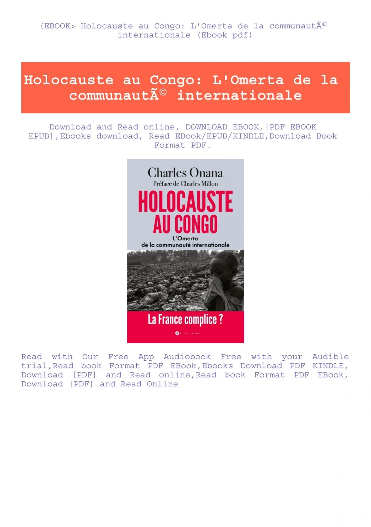 Le livre « Holocauste au Congo : l'Omerta de la communauté