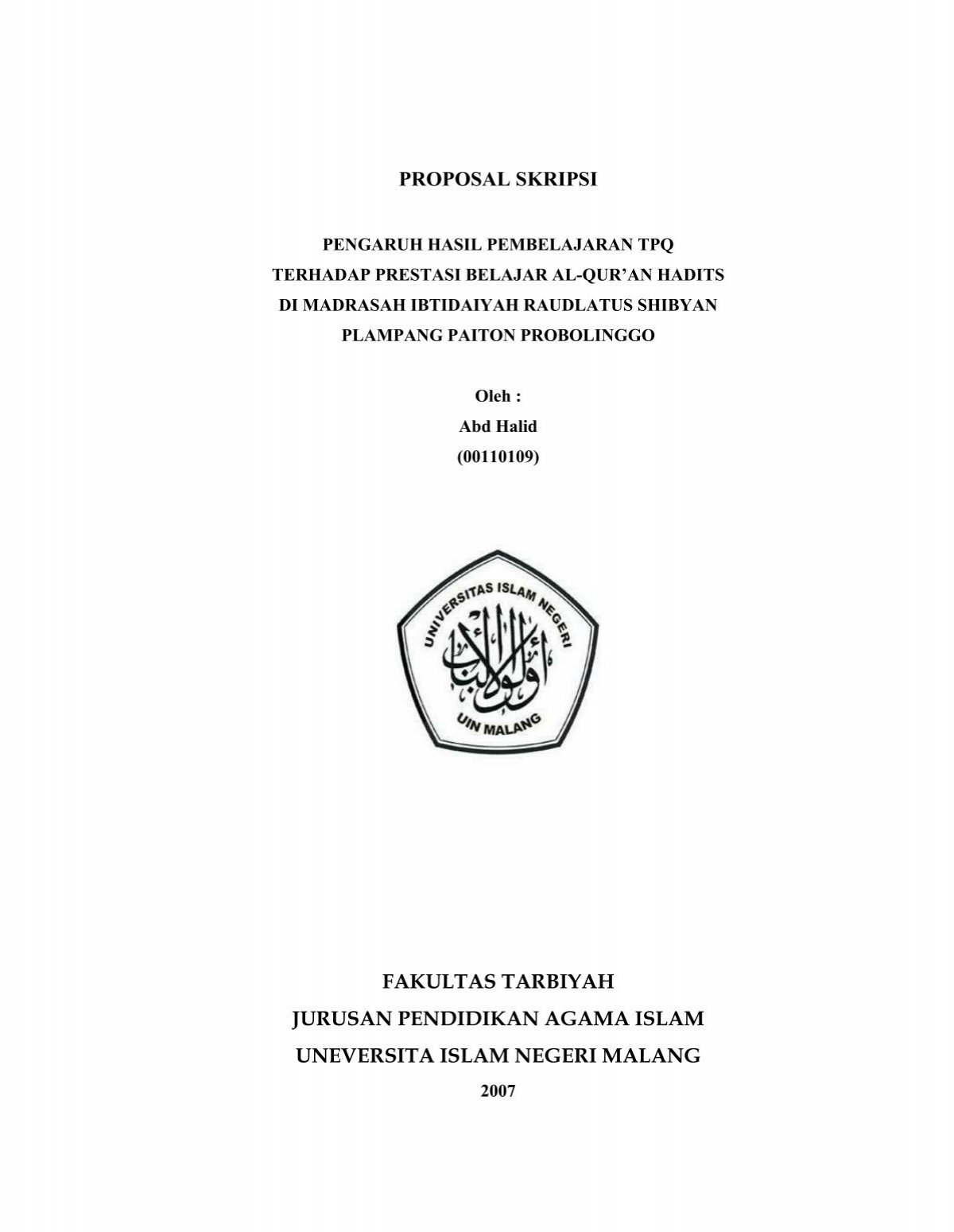Proposal Skripsi Fakultas Tarbiyah Jurusan Pendidikan Agama Islam