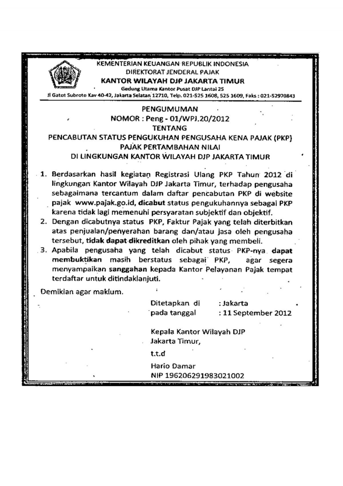 Daftar Pencabutan Status Pengukuhan Pkp Kanwil Jakarta Timur