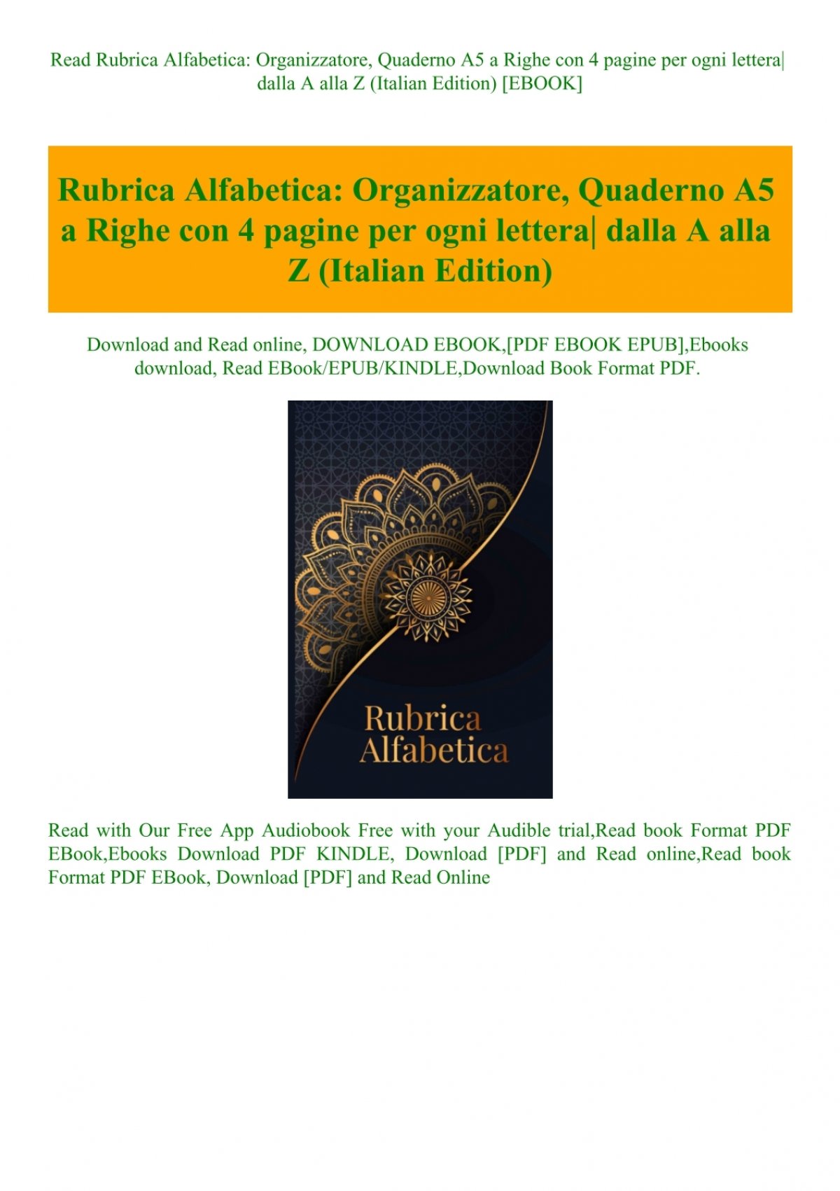 Read Rubrica Alfabetica Organizzatore Quaderno A5 a Righe con 4 pagine per  ogni lettera dalla A alla Z (Italian Edition) [EBOOK]