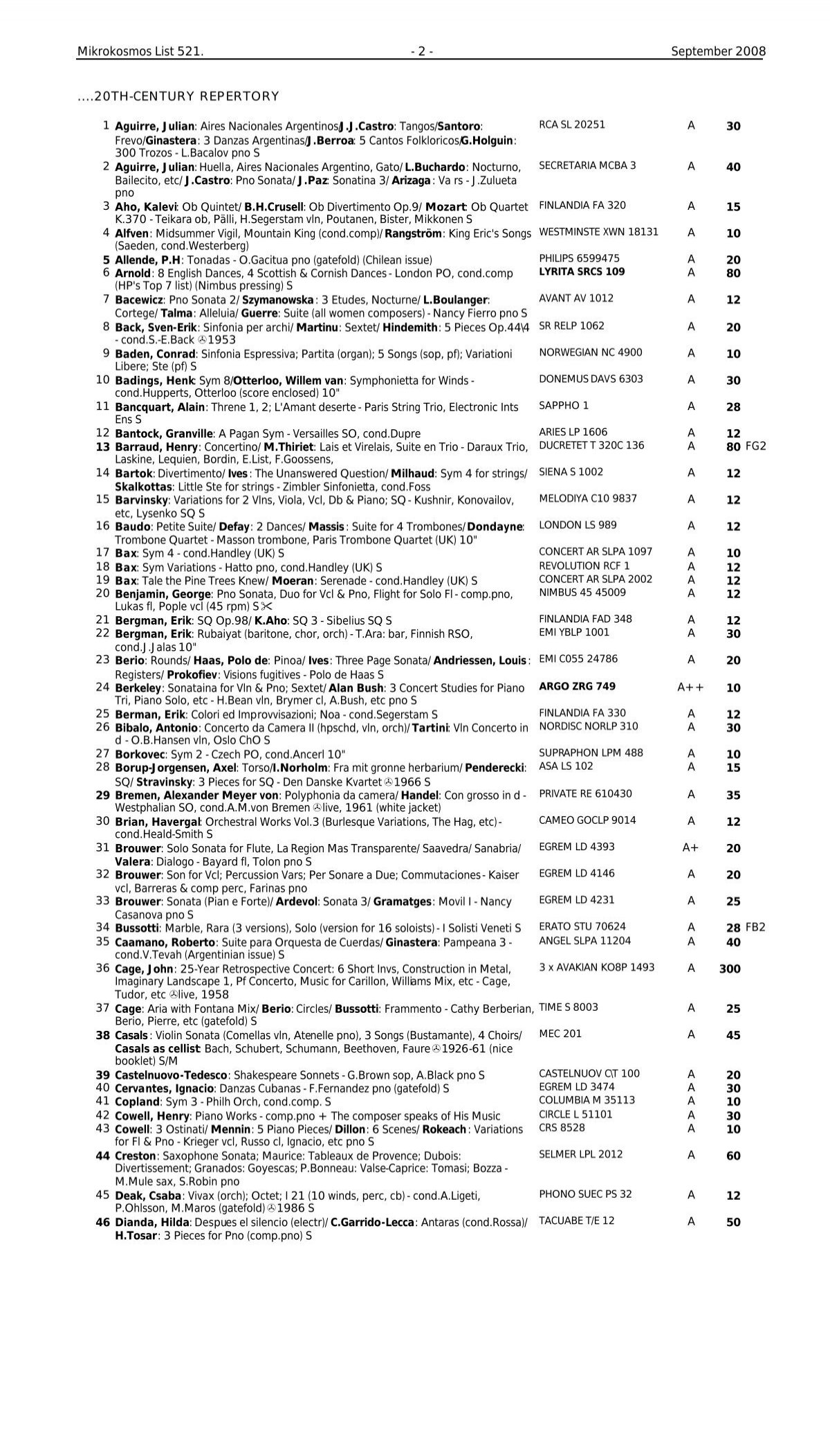 Mikrokosmos List 521. - 2 - September 2008 .20TH-CENTURY
