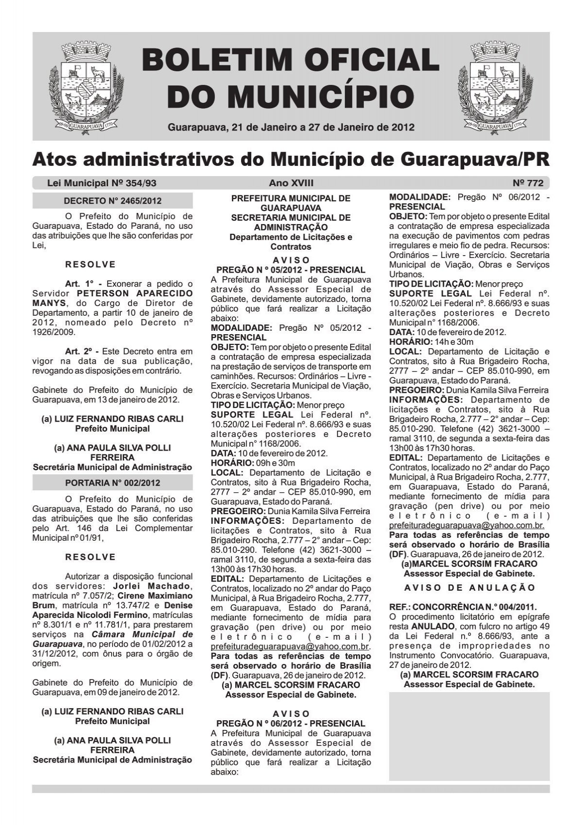 Boletim Oficial 772 - Prefeitura de Guarapuava
