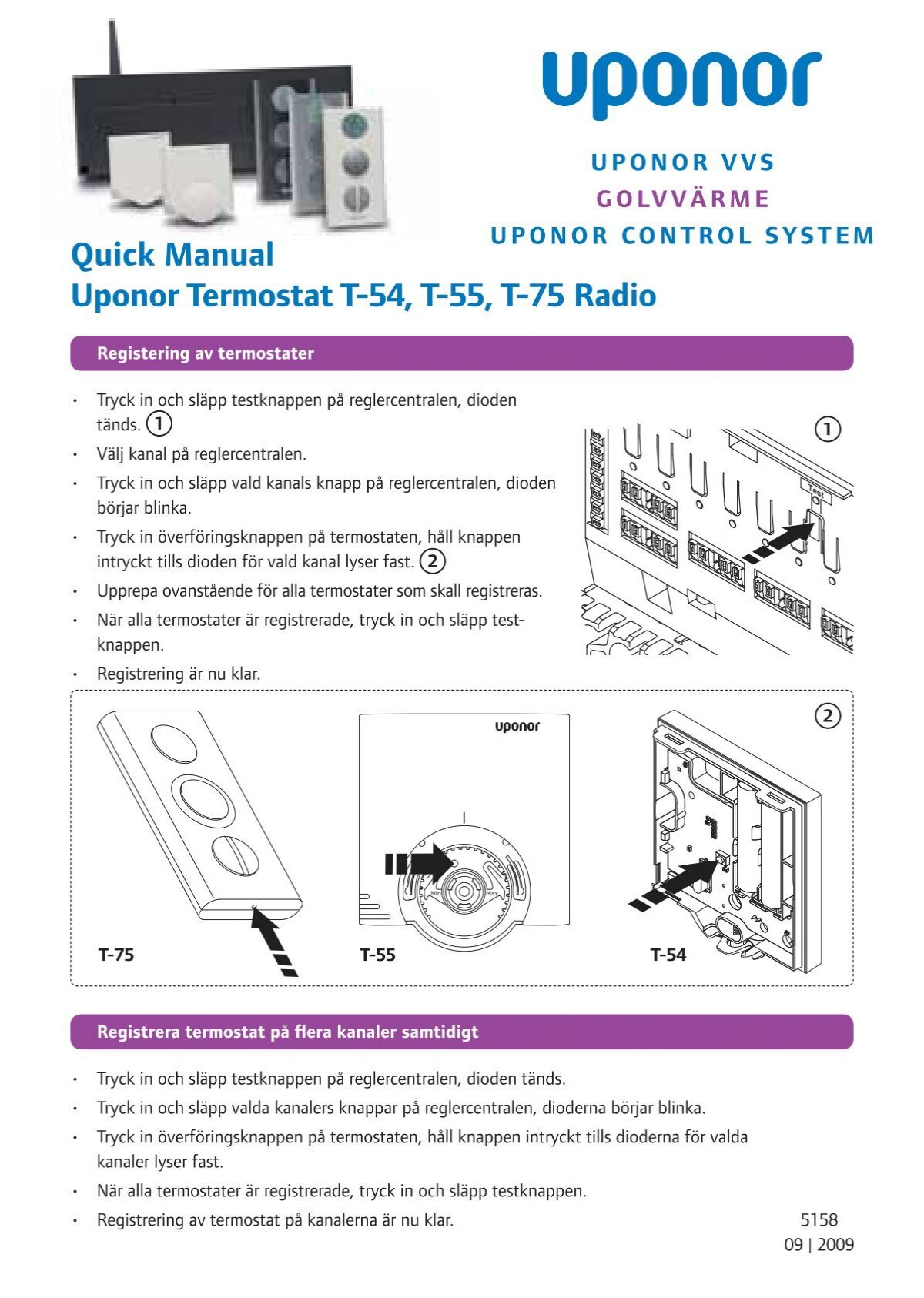 Quick Manual Uponor Termostat T-54, T-55, T-75 ... - Uponor