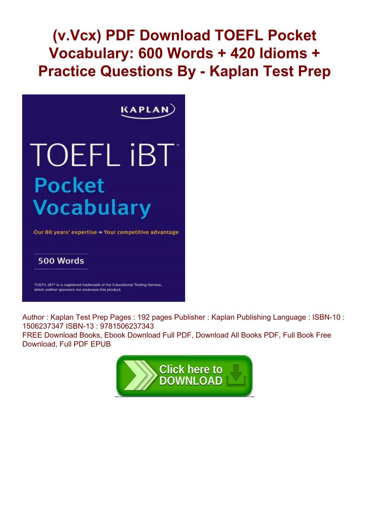 V Vcx Pdf Download Toefl Pocket Vocabulary 600 Words 420 Idioms Practice Questions By Kaplan Test Prep